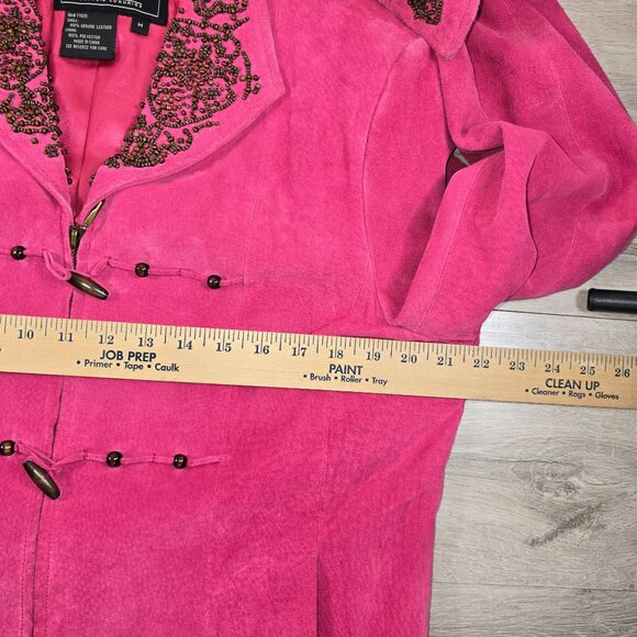 VTG Suede Jacket Coat Fuschia Sz M Long Sleeve Wooden beads Bohemian Hippie Fall - Picture 3 of 6